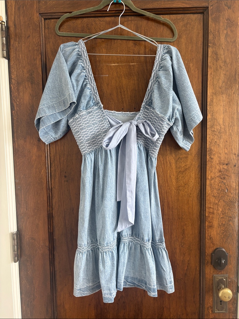 Free People Light Blue Smocked Tie-Front Mini Dress - Picture 2 of 3